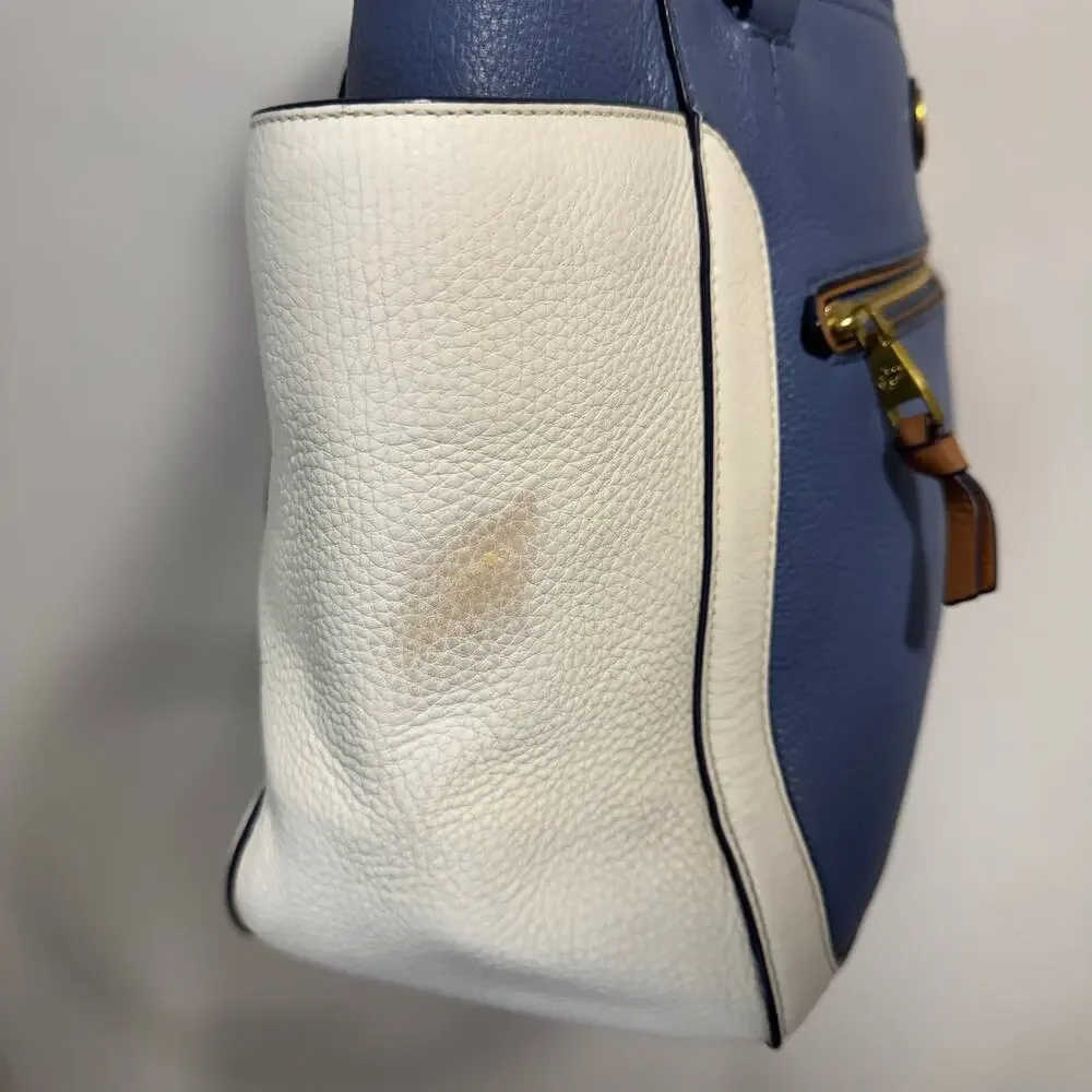 Tory Burch Frances Satchel Pebbled Leather Blue White Brown Colorblock Tote